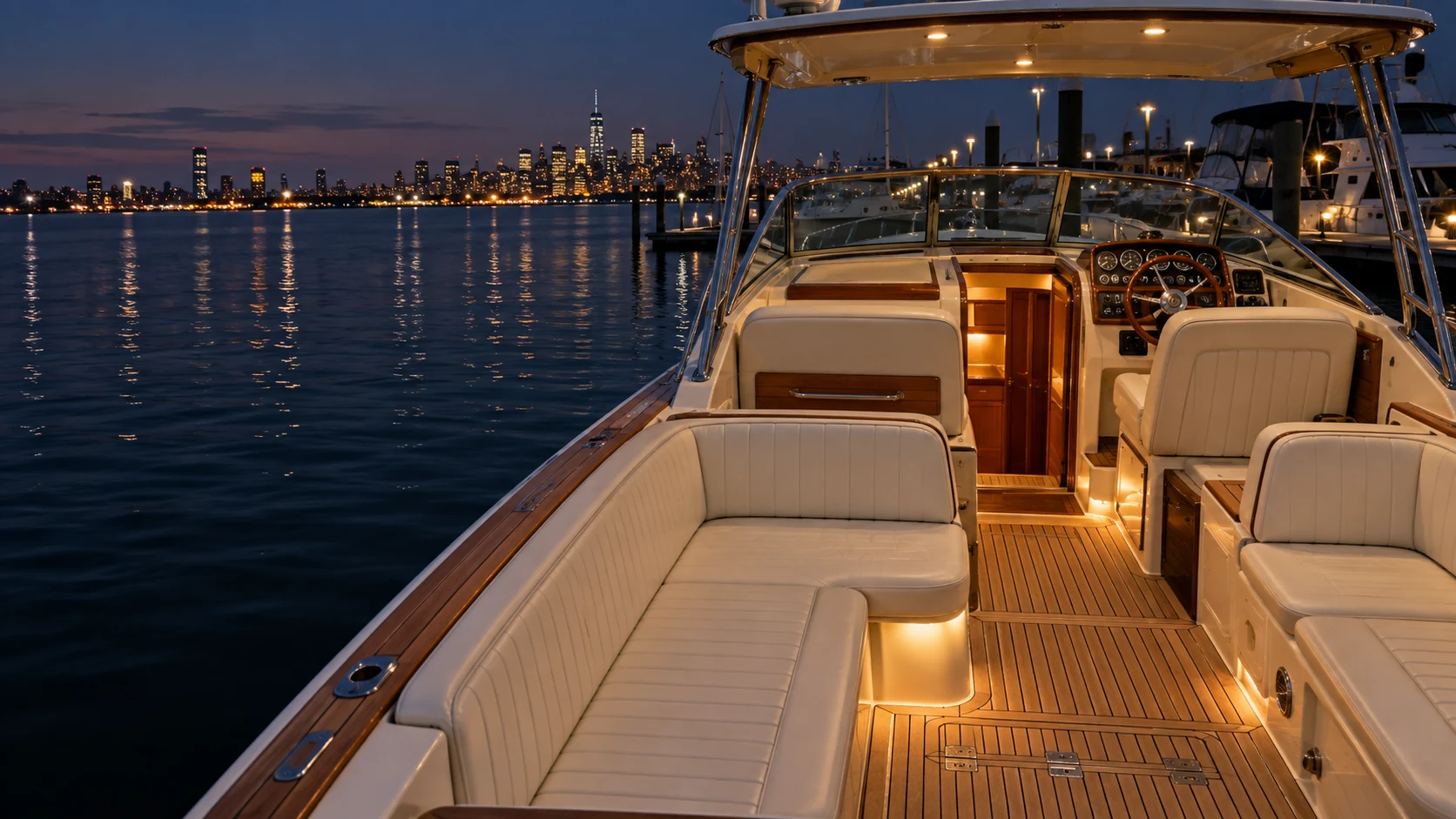 A boat cockpit in the evening with all the seating in place and matching