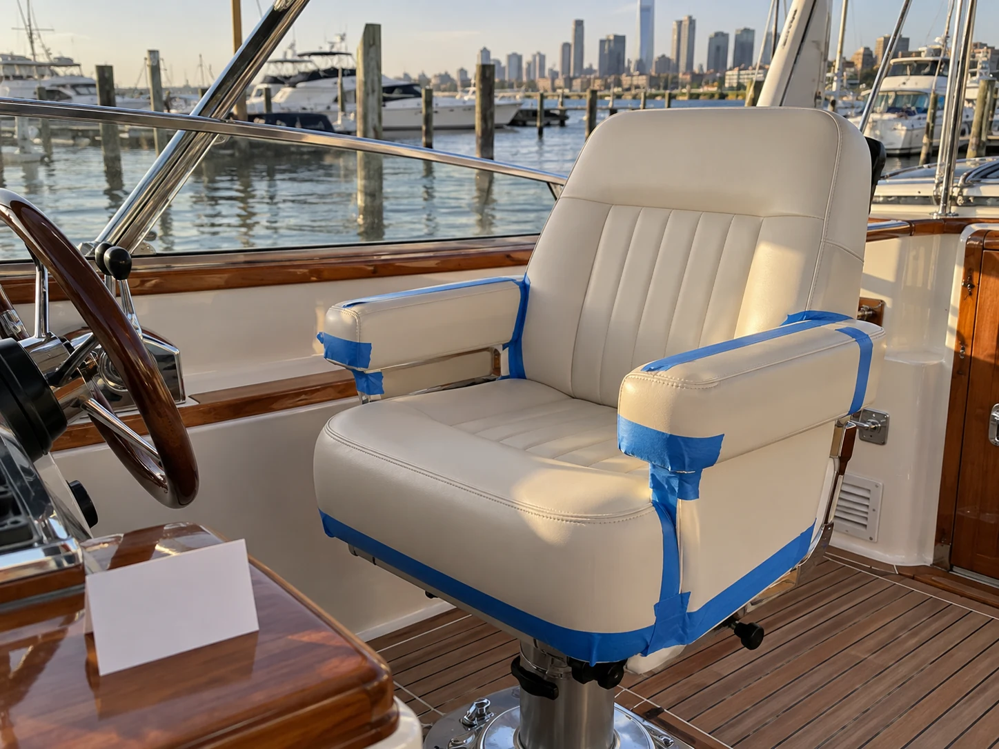 A finished boat seat repair taped off while it cures