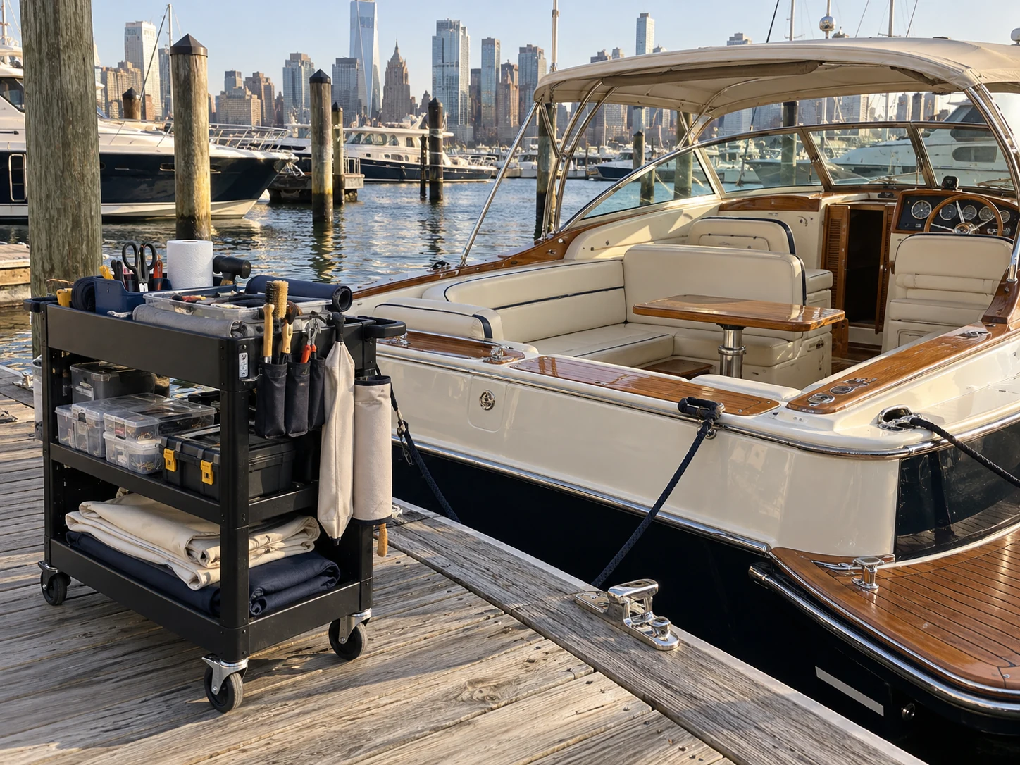 A work cart on a marina dock beside a boat