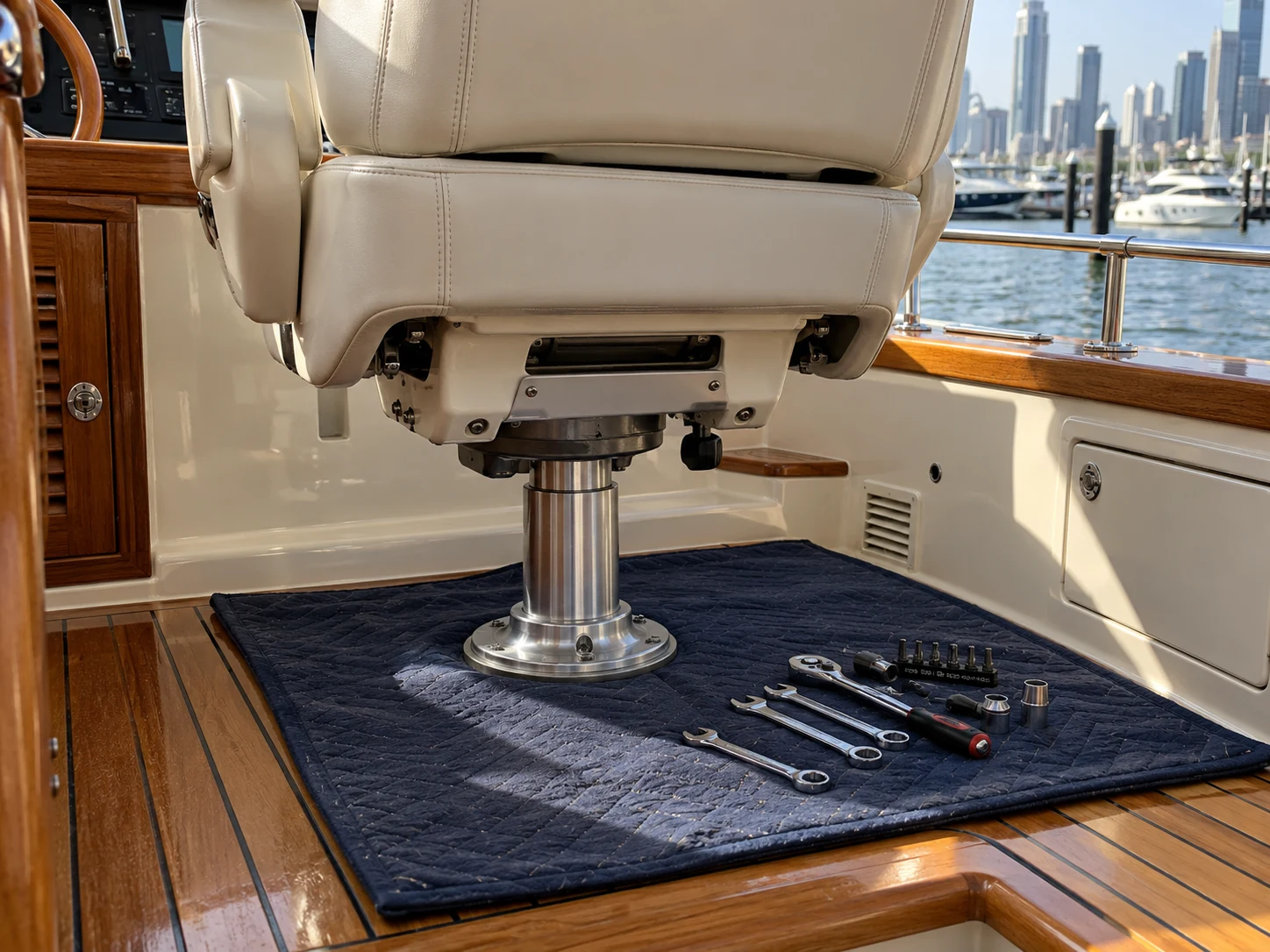 A clean work mat laid on a boat cockpit sole