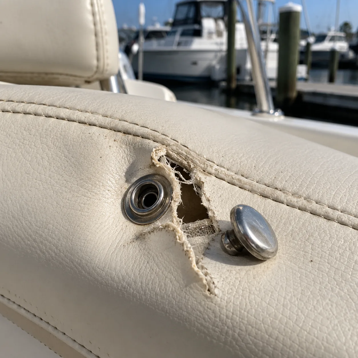 A snap fastener pulled through boat seat vinyl