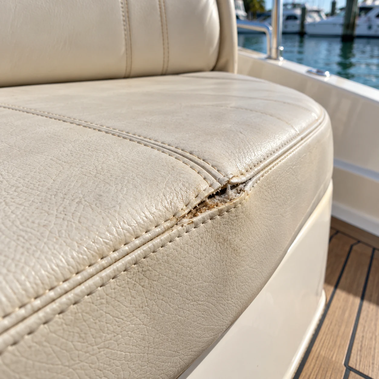 A tear along the seam of a cream boat seat cushion