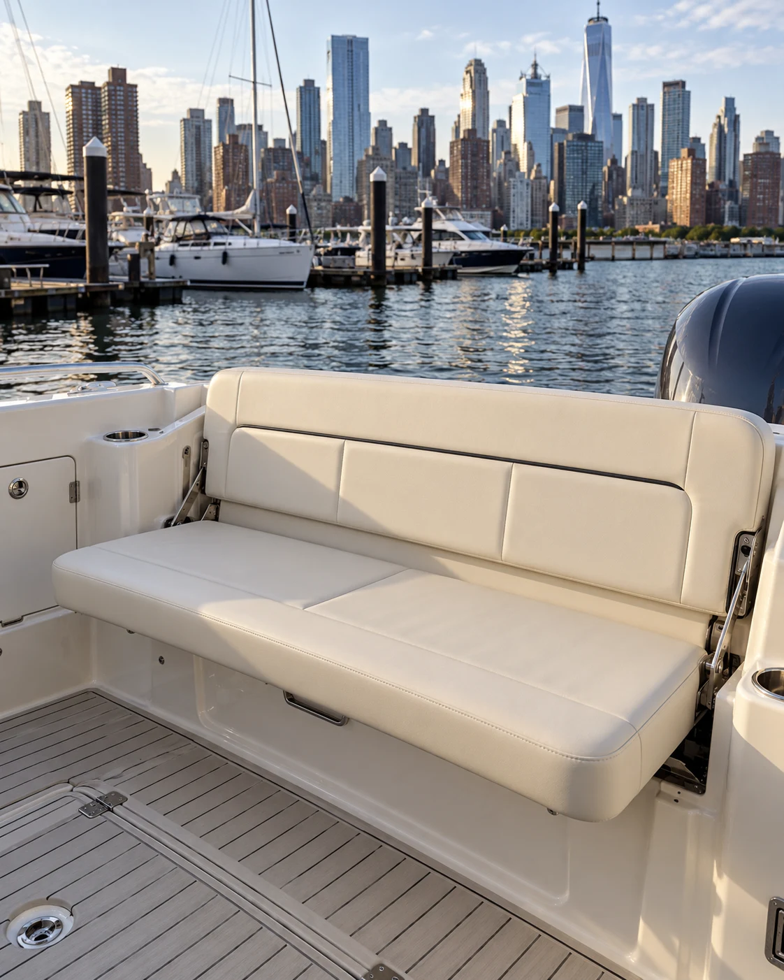 A fold-down stern bench seat on a boat