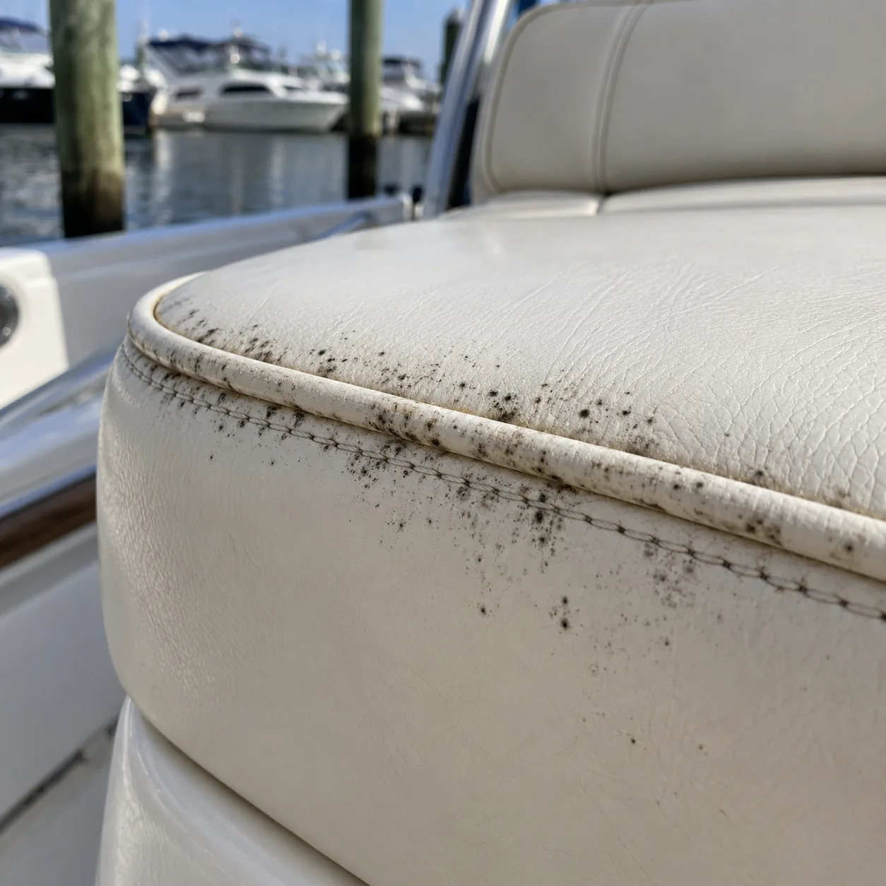 Black mildew spotting along the welt of a boat cushion