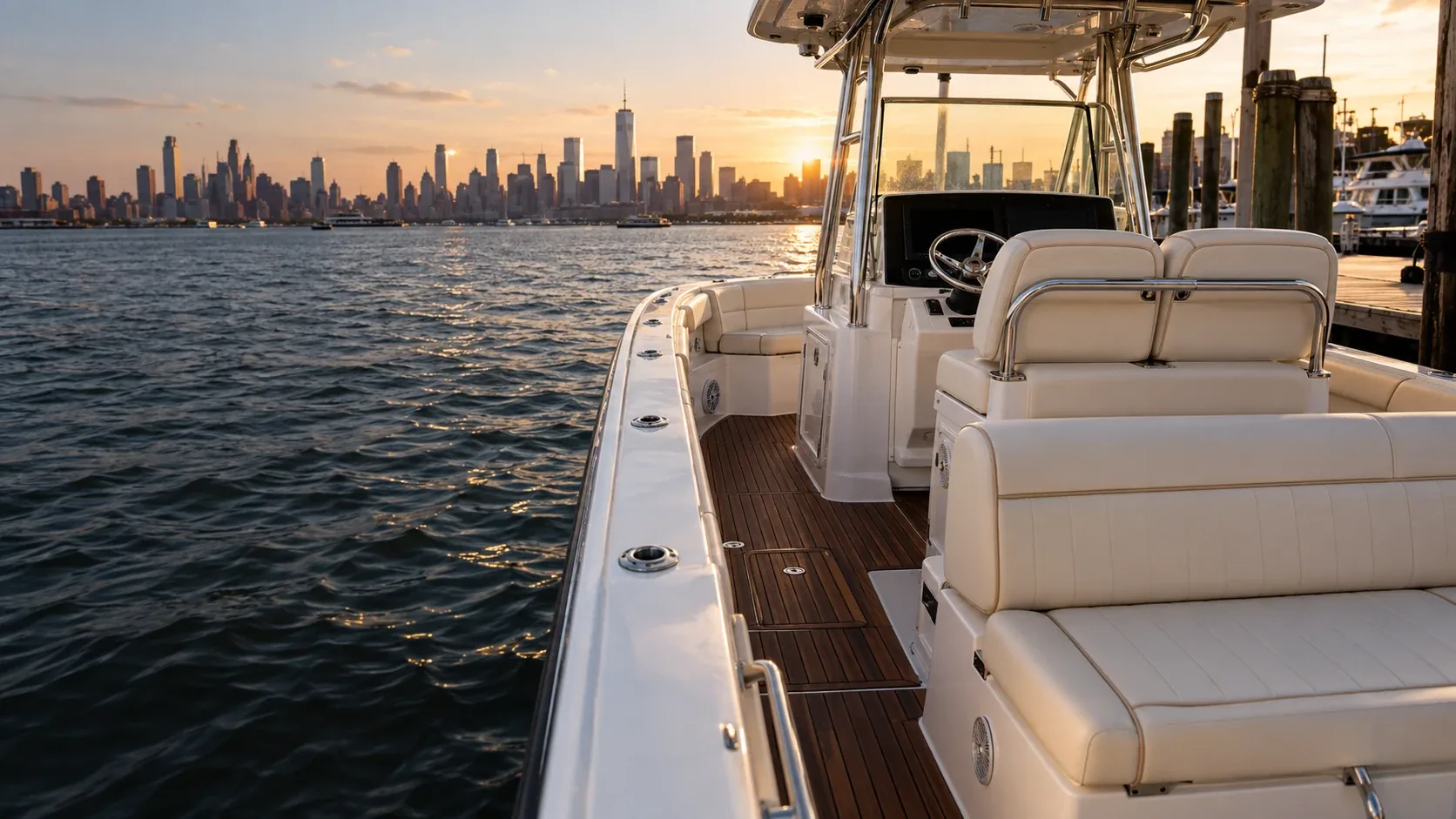 Boat upholstery NYC: a powerboat cockpit at a marina with fresh cream vinyl seating