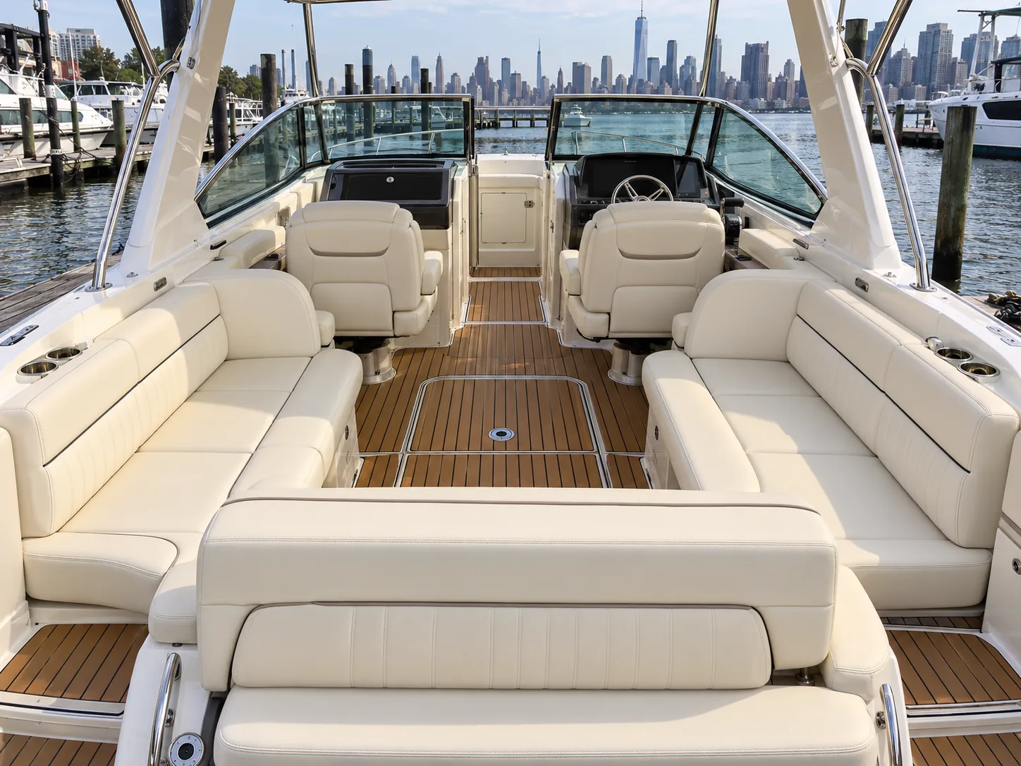 A finished boat cockpit seating set in cream vinyl