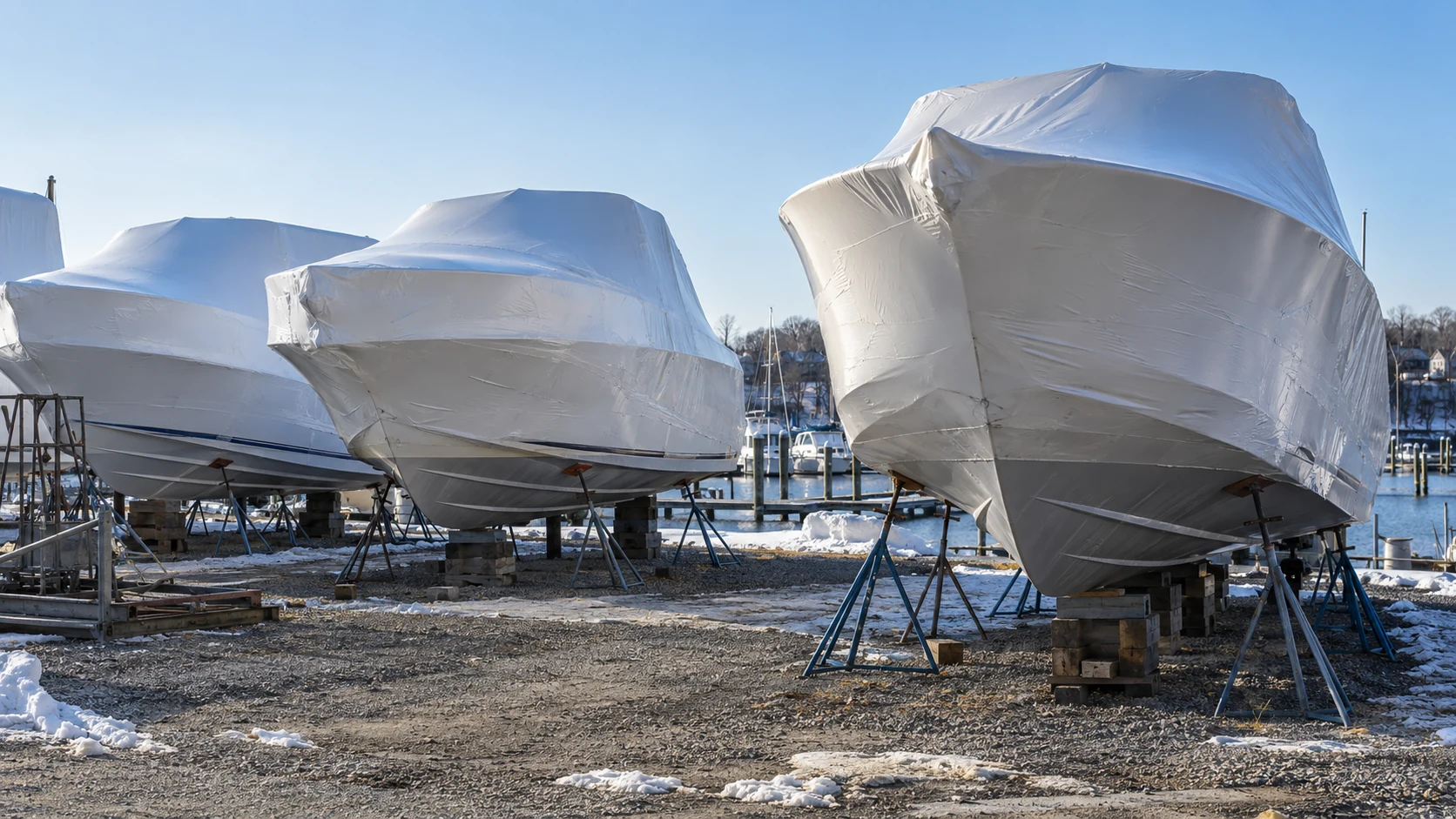 A winter storage yard of shrink-wrapped boats