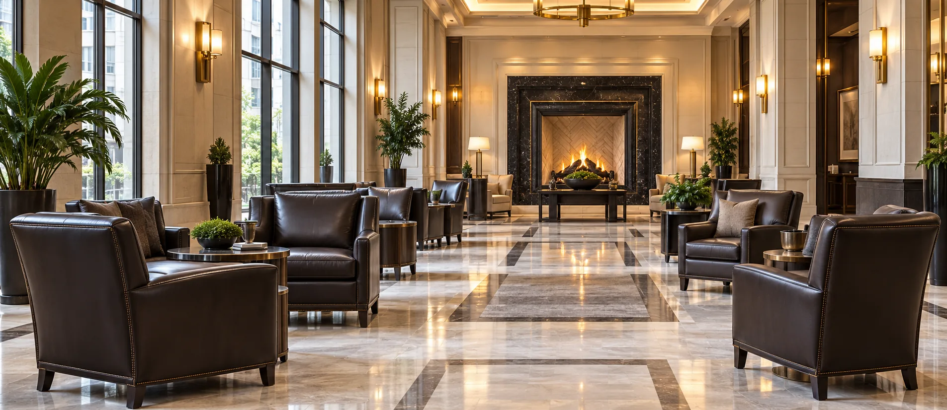 Leather seating in a boutique hotel lobby