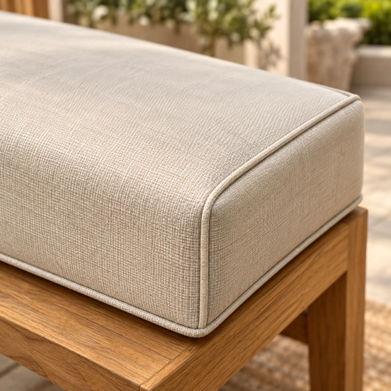 Boxed outdoor seat cushion sitting square in the corner of a teak chair
