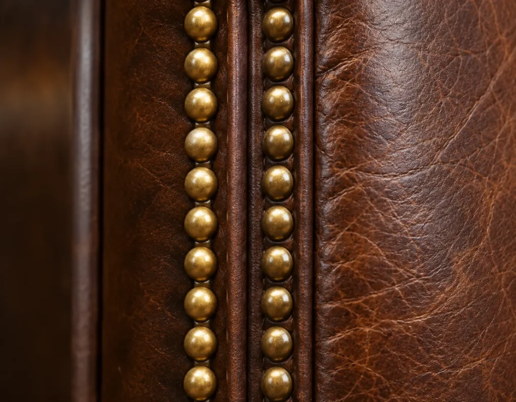 Brass nailhead trim along a leather edge