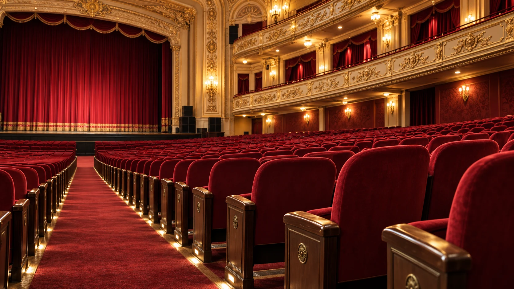 Red seating and a curtained stage in a Broadway-style theater