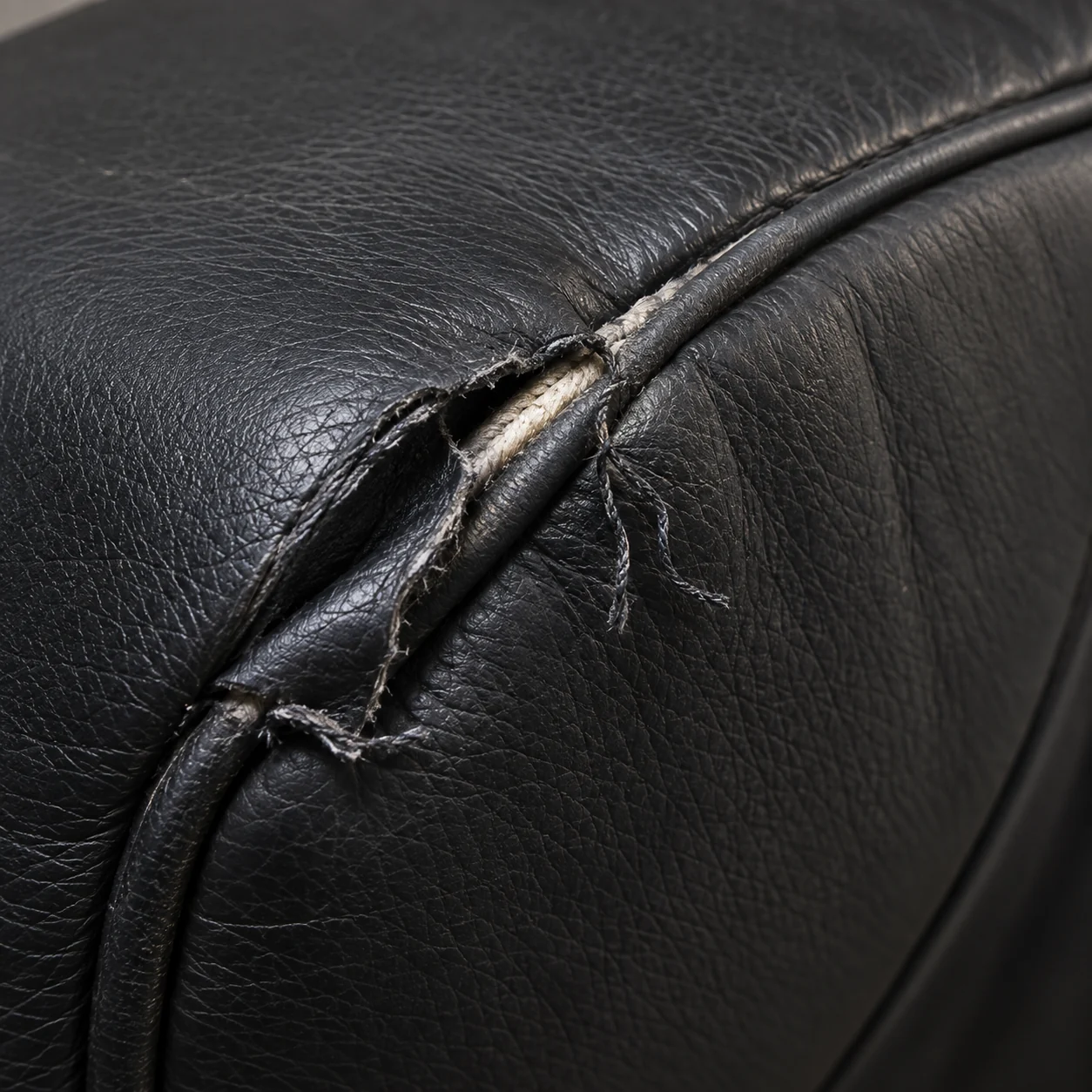 Broken and frayed stitching running along the black leather piping of a massage chair