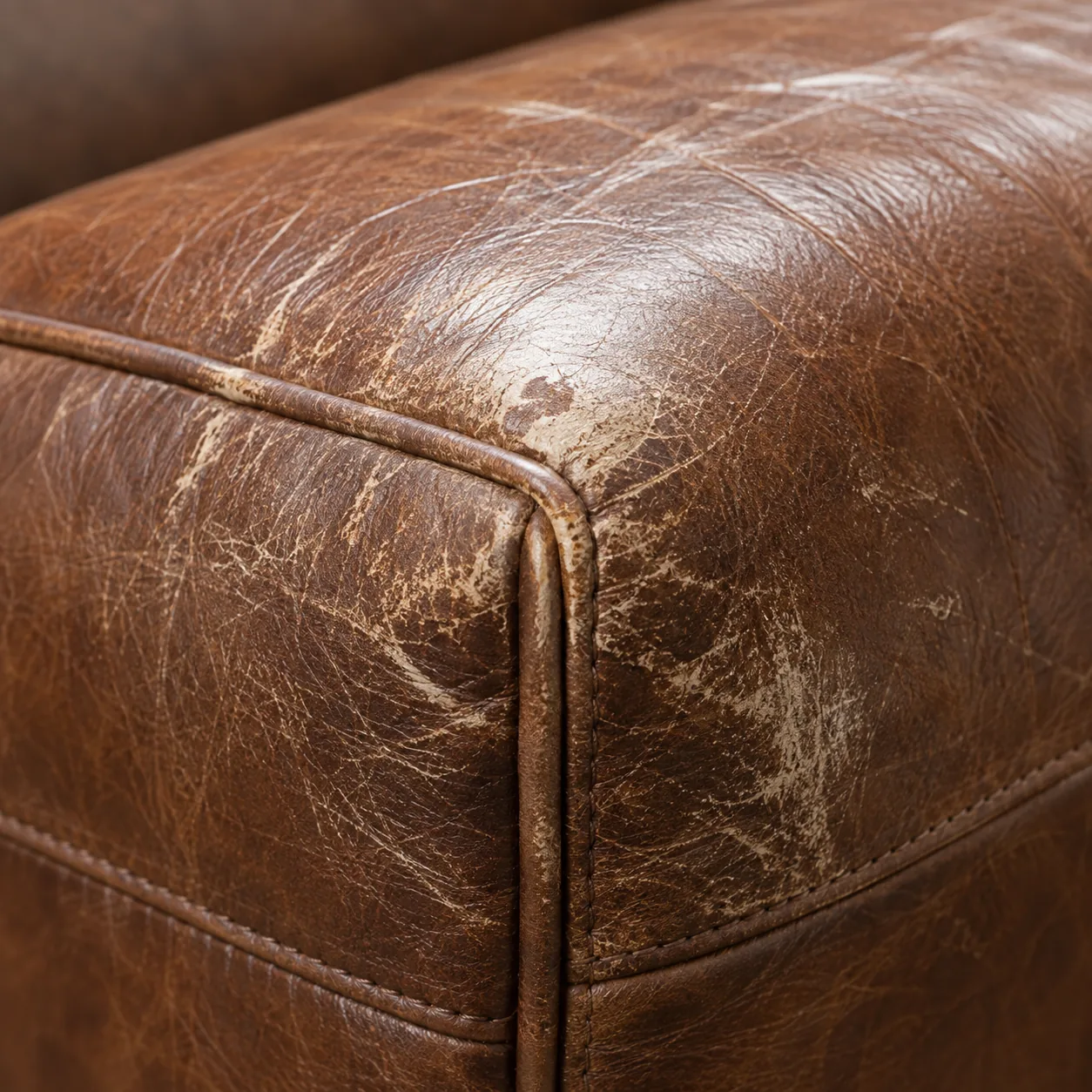Brown bench leather with deep set creases and a pale scuff across the seat