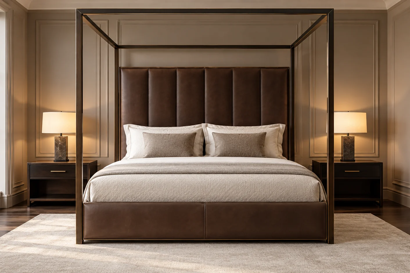 Four-poster canopy bed with a vertically channel-tufted brown leather headboard