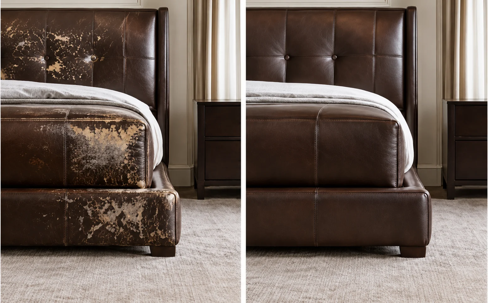 Brown leather bed photographed twice: the finish flaked away in large pale patches across the headboard, side rail and base, then an even brown across all of them