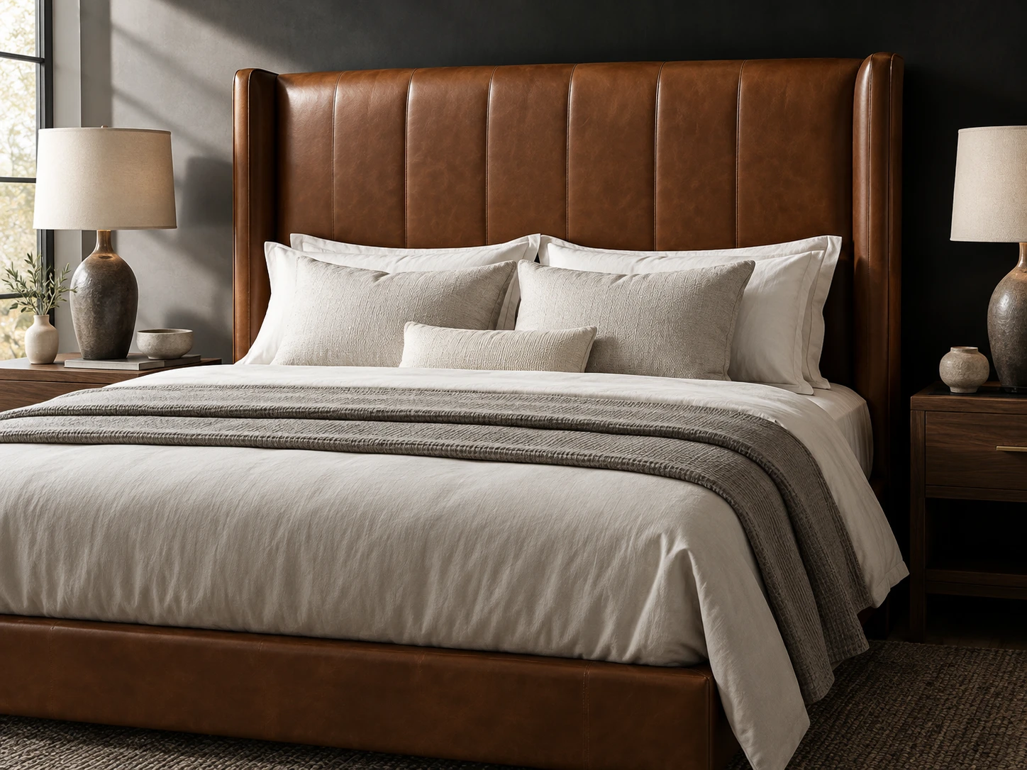 Brown leather bed headboard