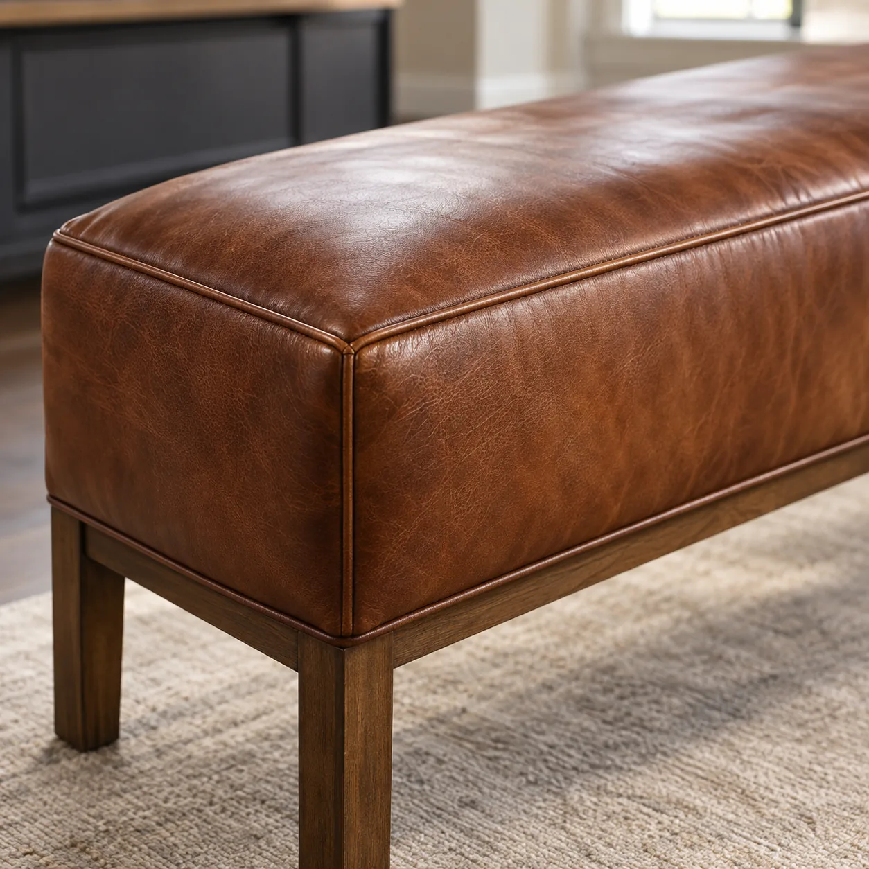 Brown bench on tapered wooden legs with the frame squared up