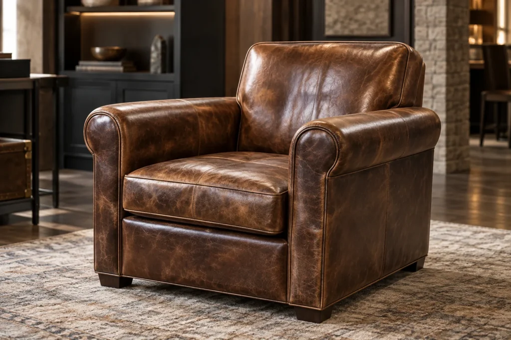 Distressed brown leather club chair in a private residence