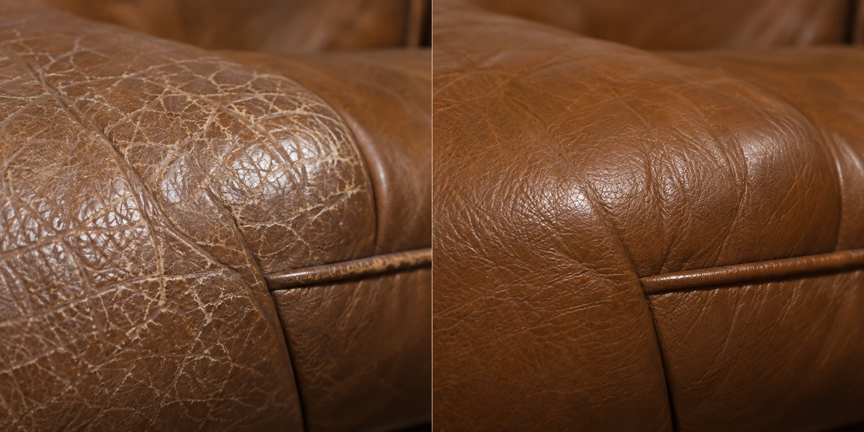 Brown leather arm with heavy crazing on the left, recolored and smooth on the right