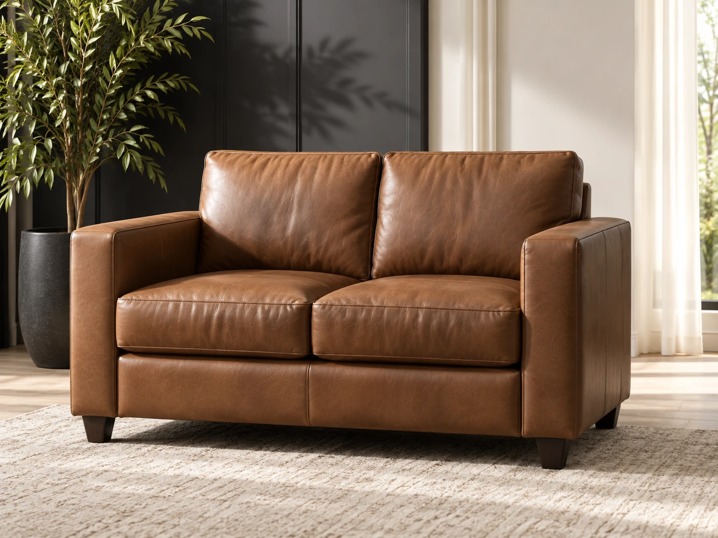 Brown leather loveseat
