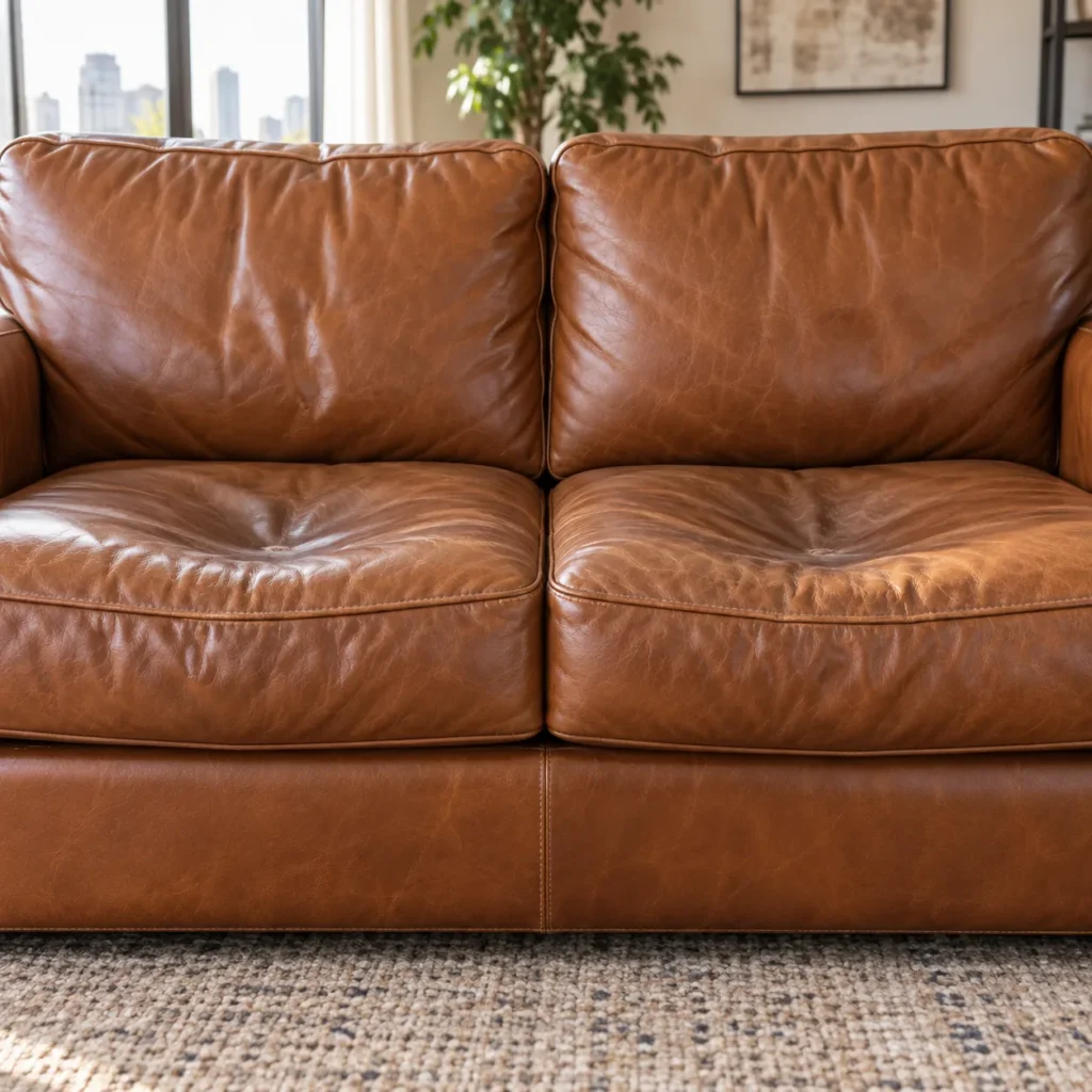 Brown leather loveseat with cushions in a staged living room