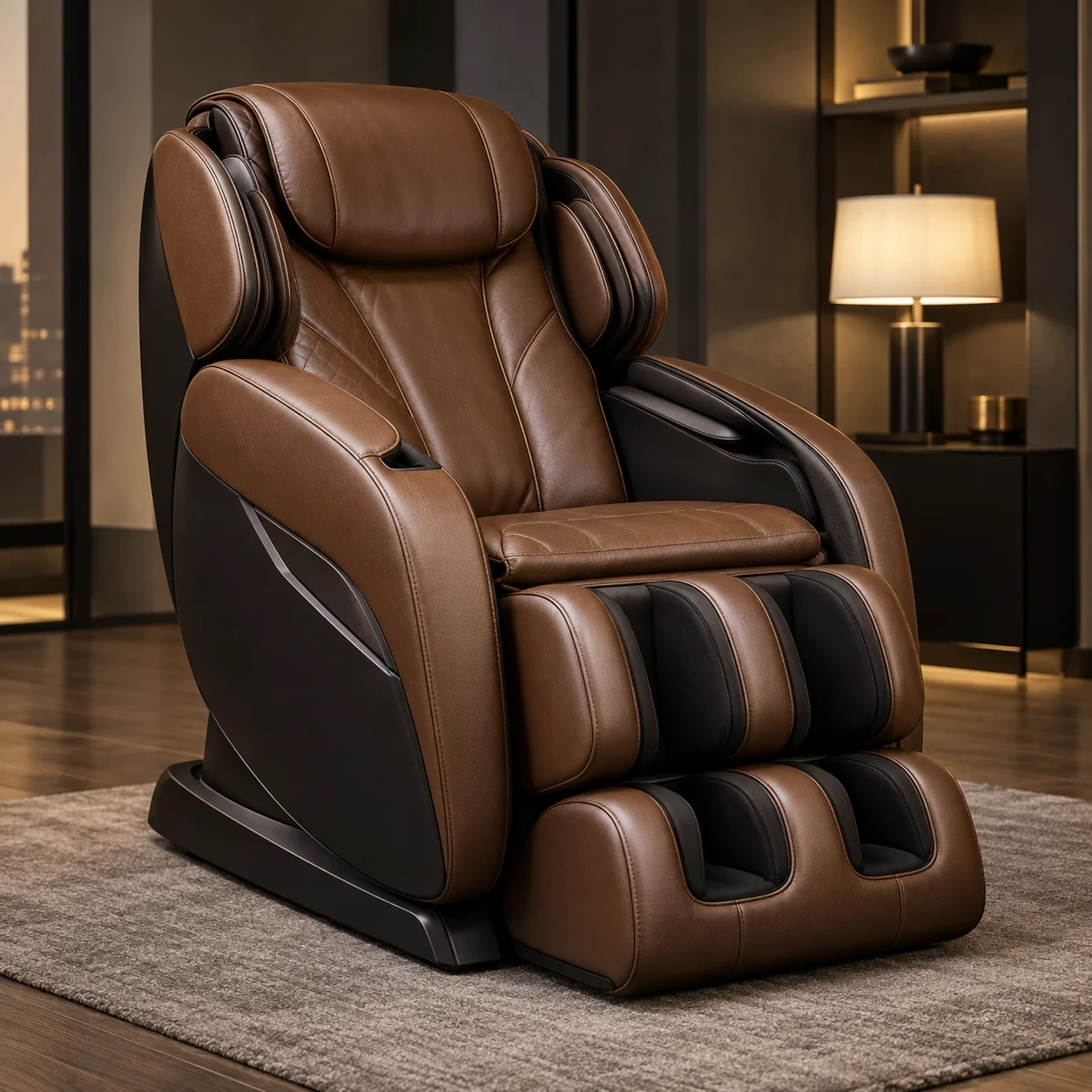A brown leather massage chair beside a lit lamp in a dark room