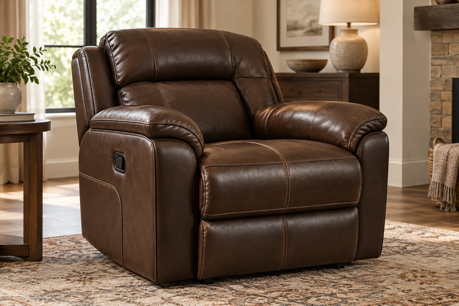Leather repair Bronx: a brown leather recliner in a warm living room