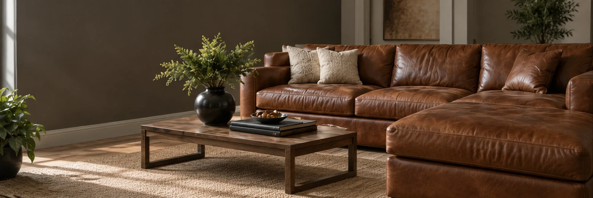 Brown leather sectional against a dark wall in a softly lit living room