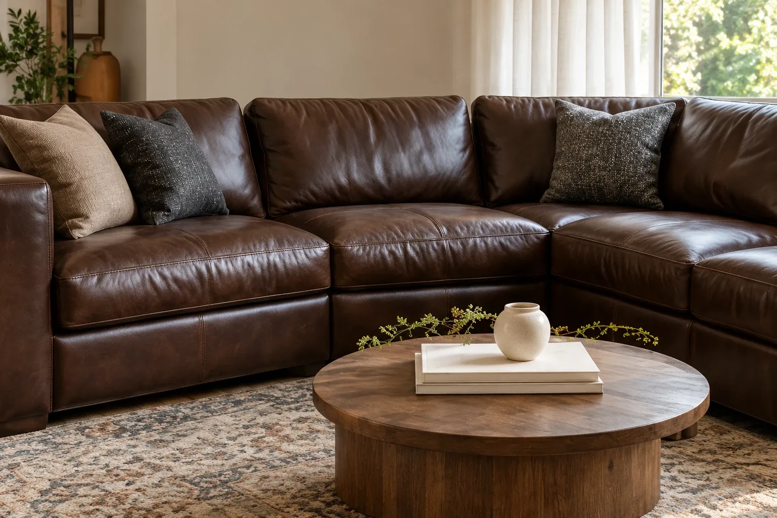 Dark brown leather sectional wrapped around a round wooden coffee table