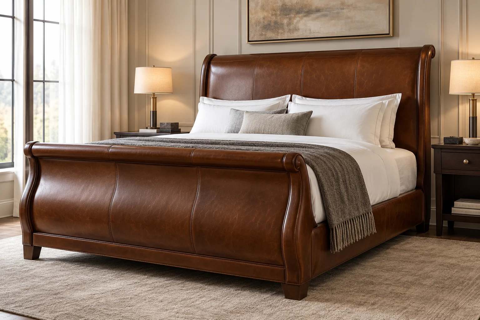 Brown leather sleigh bed with scrolled head and foot ends