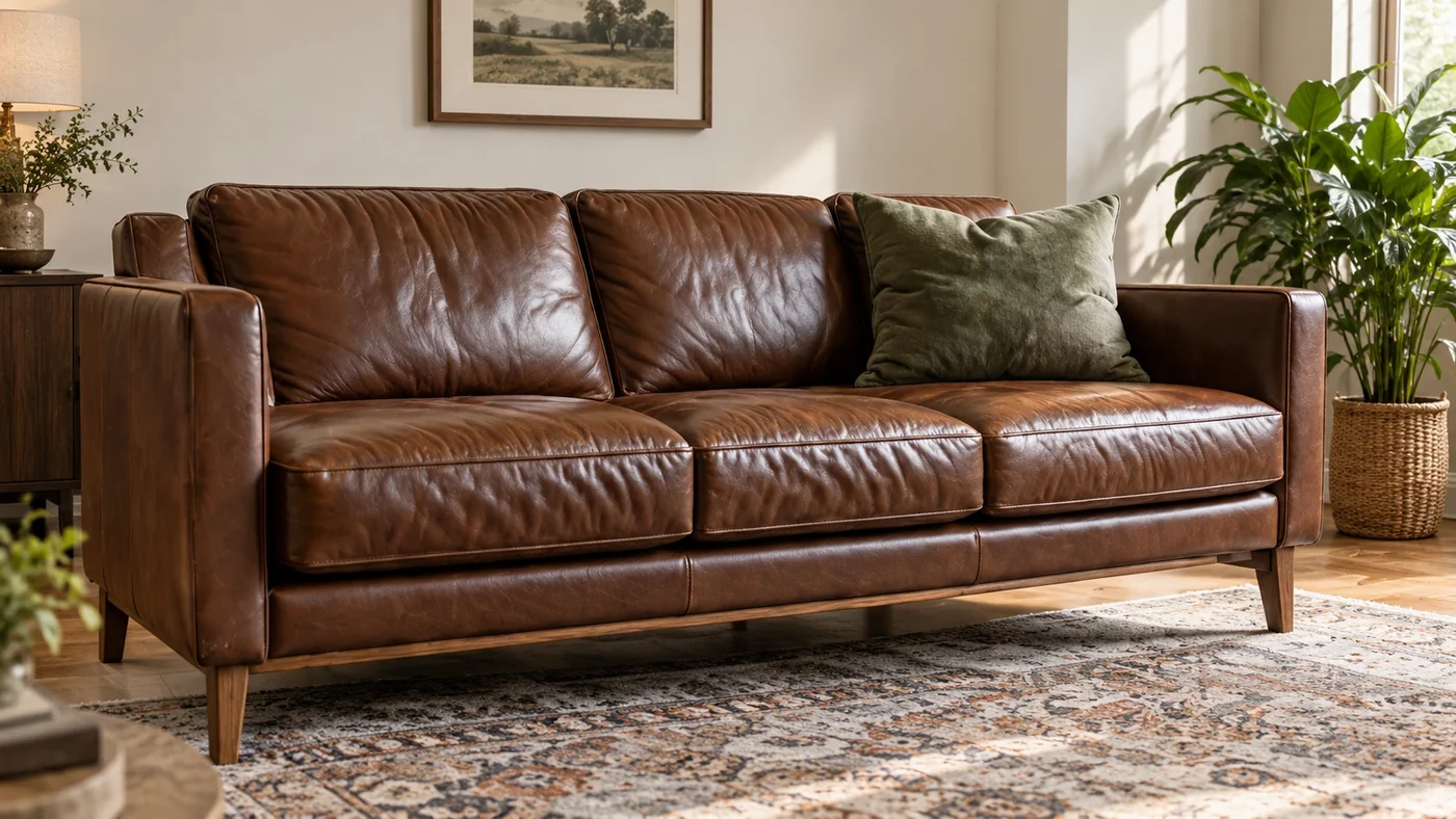 Brown leather sofa standing on a solid wooden frame and tapered legs