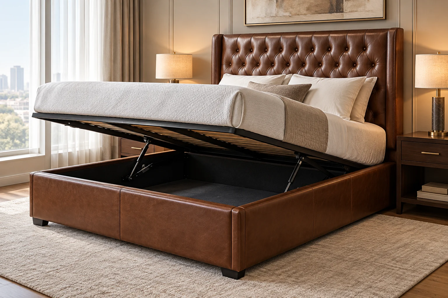 Brown leather storage bed with the slatted platform lifted open on struts to show the empty cavity beneath