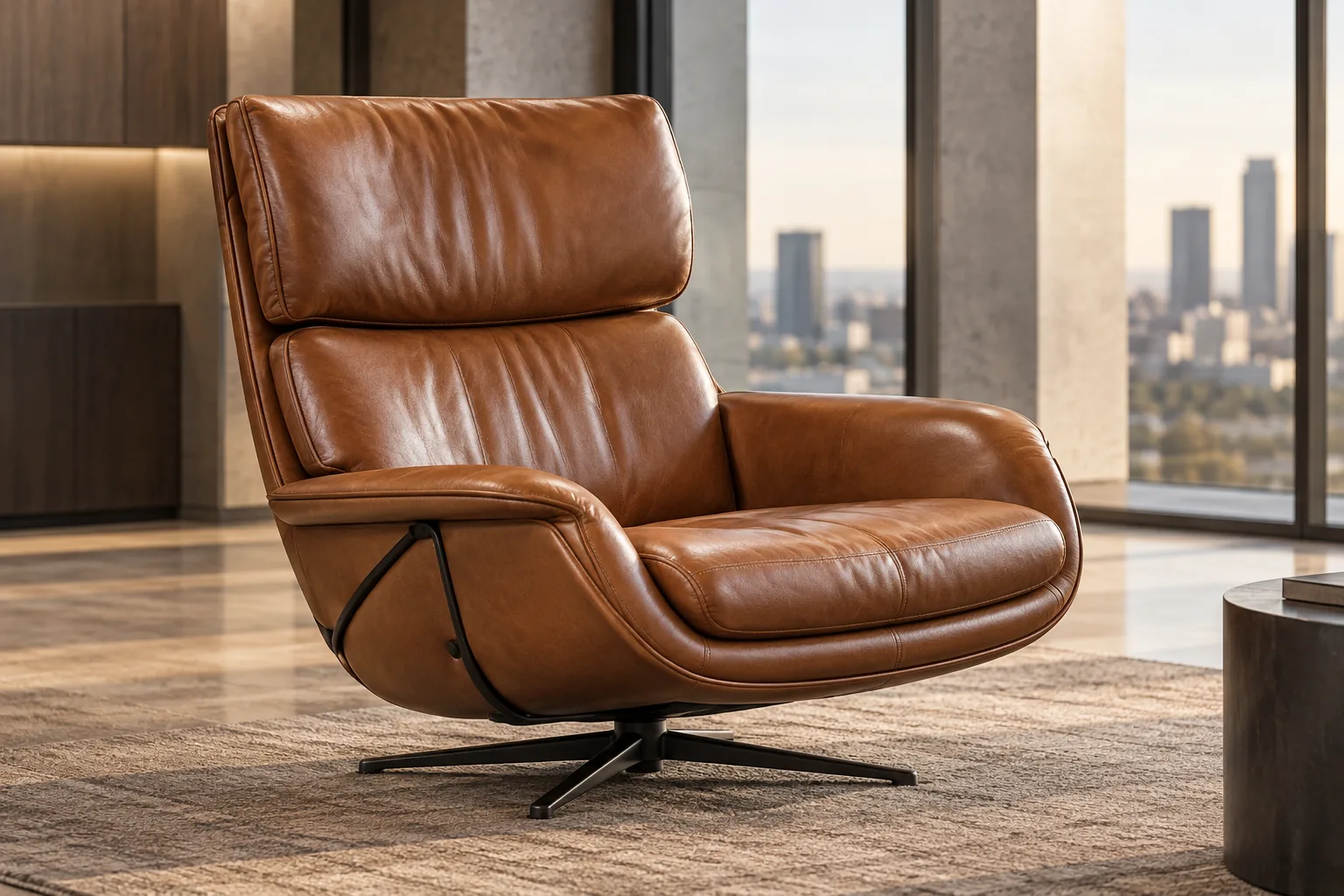 Brown leather swivel lounge chair recolored beside a city window