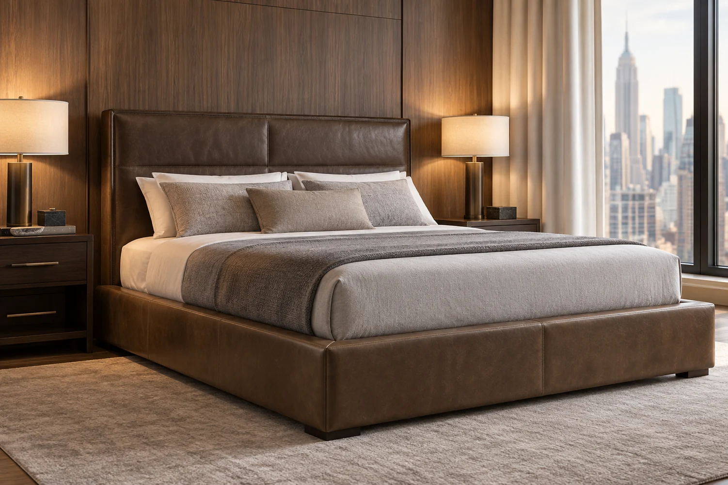 Brown leather platform bed with a plain softly padded headboard beside a window over the city