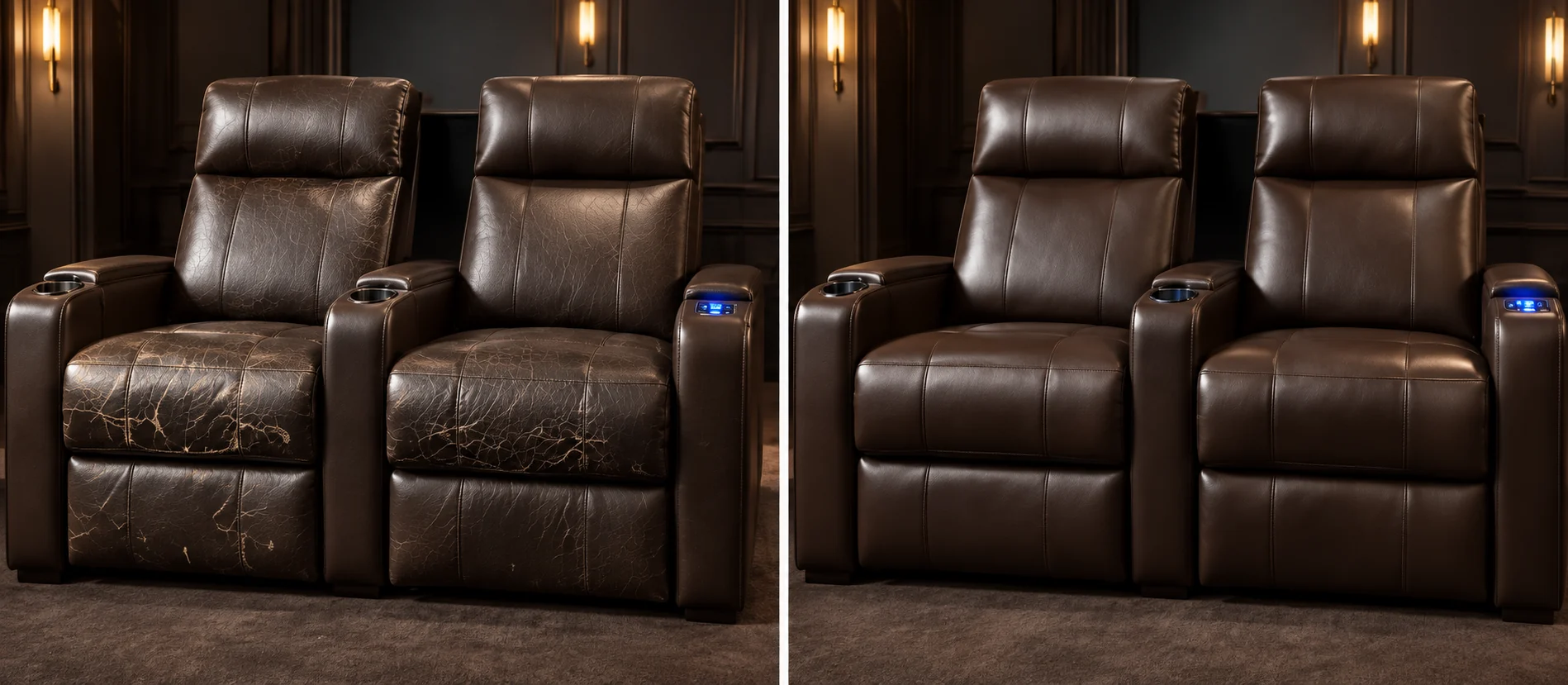 Brown home theater seats before and after repair: heavy crazing across both cushions on the left, a smooth brown finish on the right