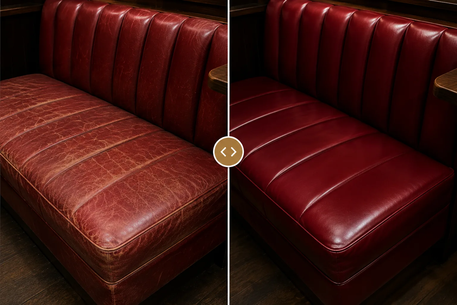 Red channelled leather banquette before and after reupholstery, faded cracked panels on the left and deep even red on the right