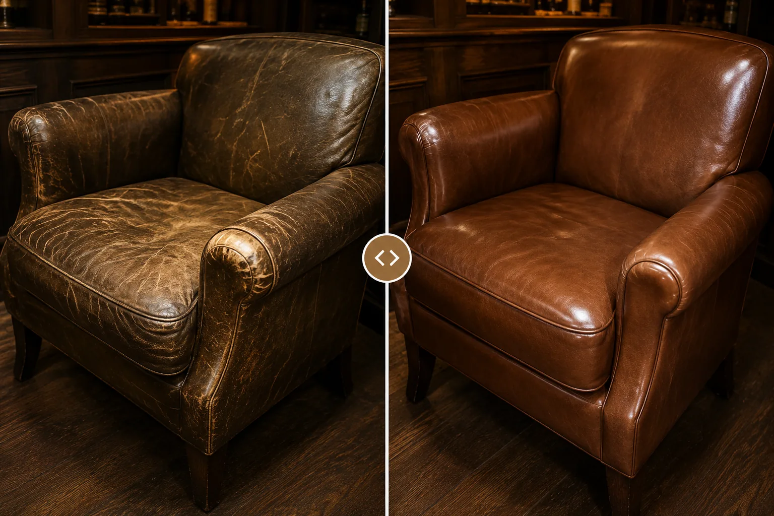 Lounge club chair before and after reupholstery, cracked dry brown leather on the left and a smooth recovered chair on the right