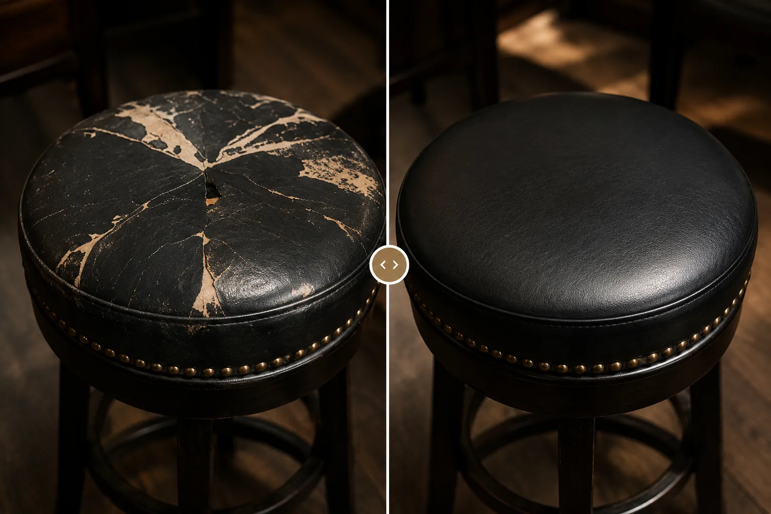 Black nailhead bar stool before and after recovering, cracked flaking seat on the left and a smooth black seat with the original studs on the right