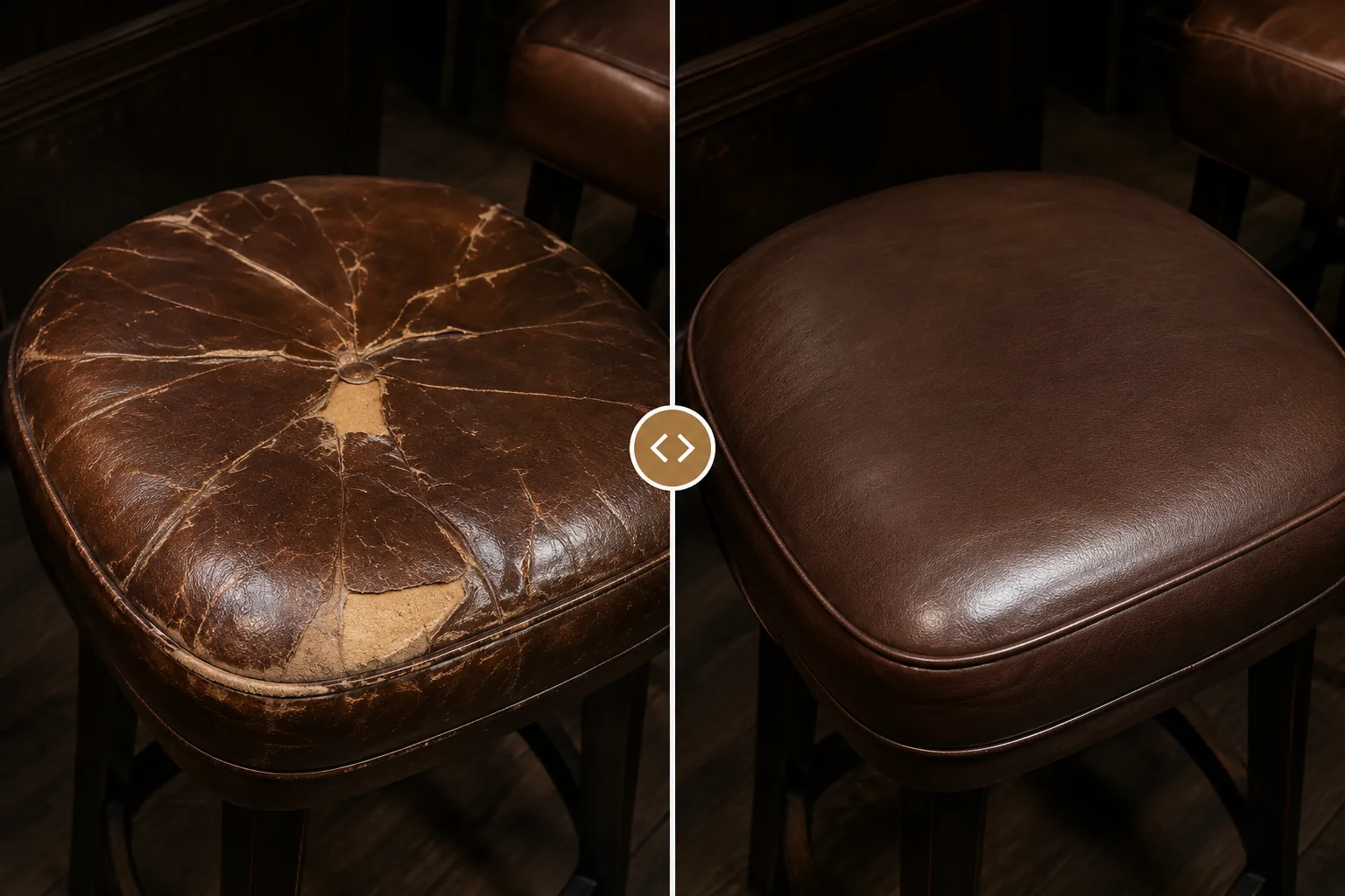 Bar stool seat before and after recovering, split brown leather exposing backing on the left and a clean new seat top on the right