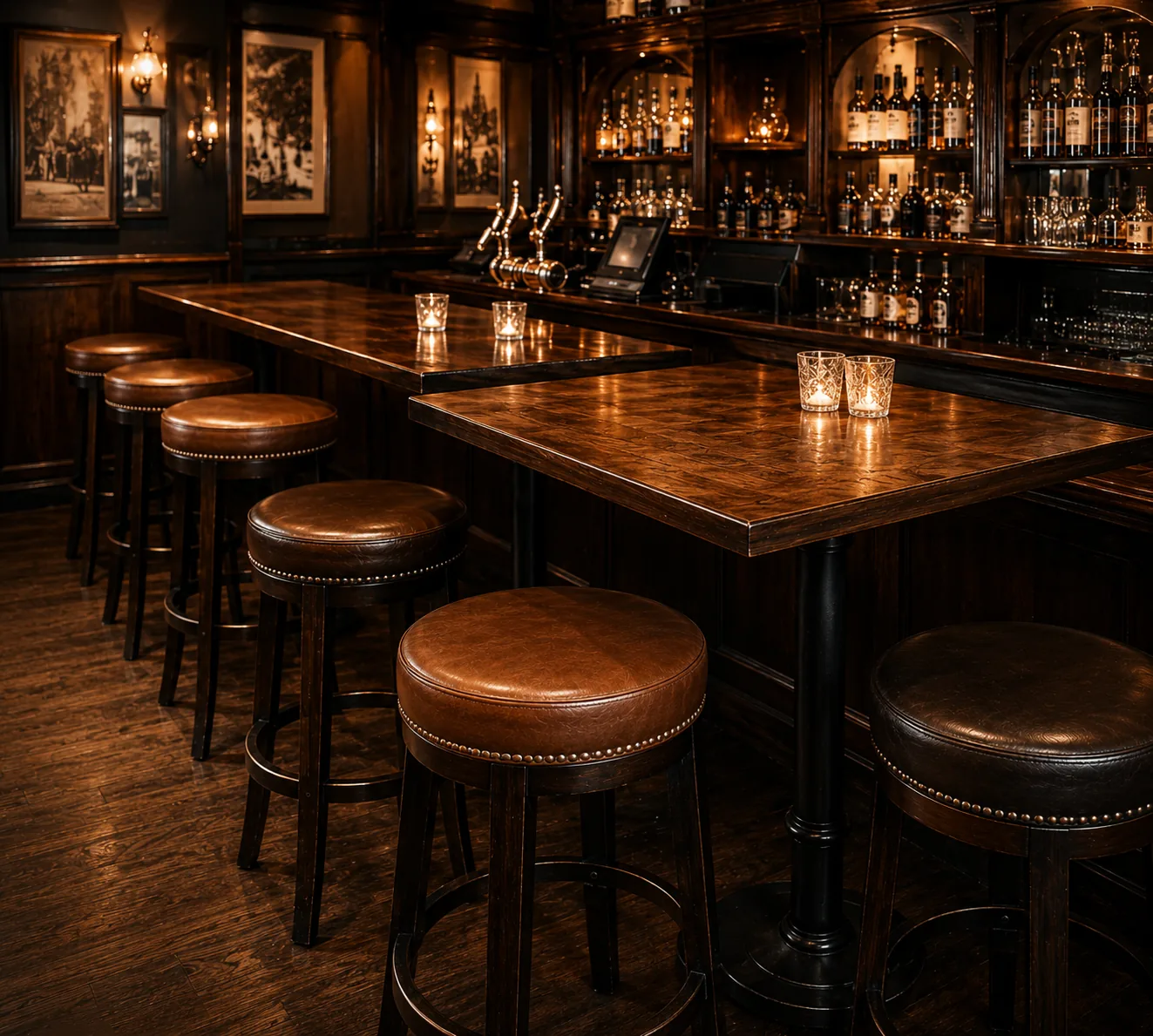 An evening bar room with recovered brown leather round stools along the counter and at the high tables