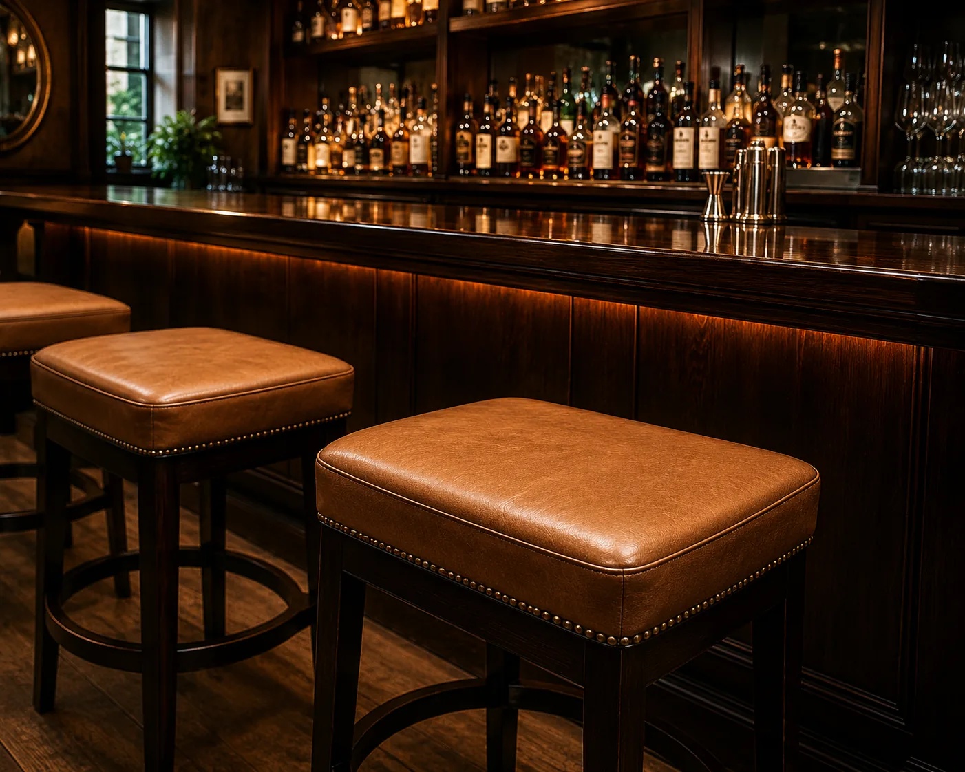 Square tan leather bar stools with brass nailhead trim lined along a polished wooden bar