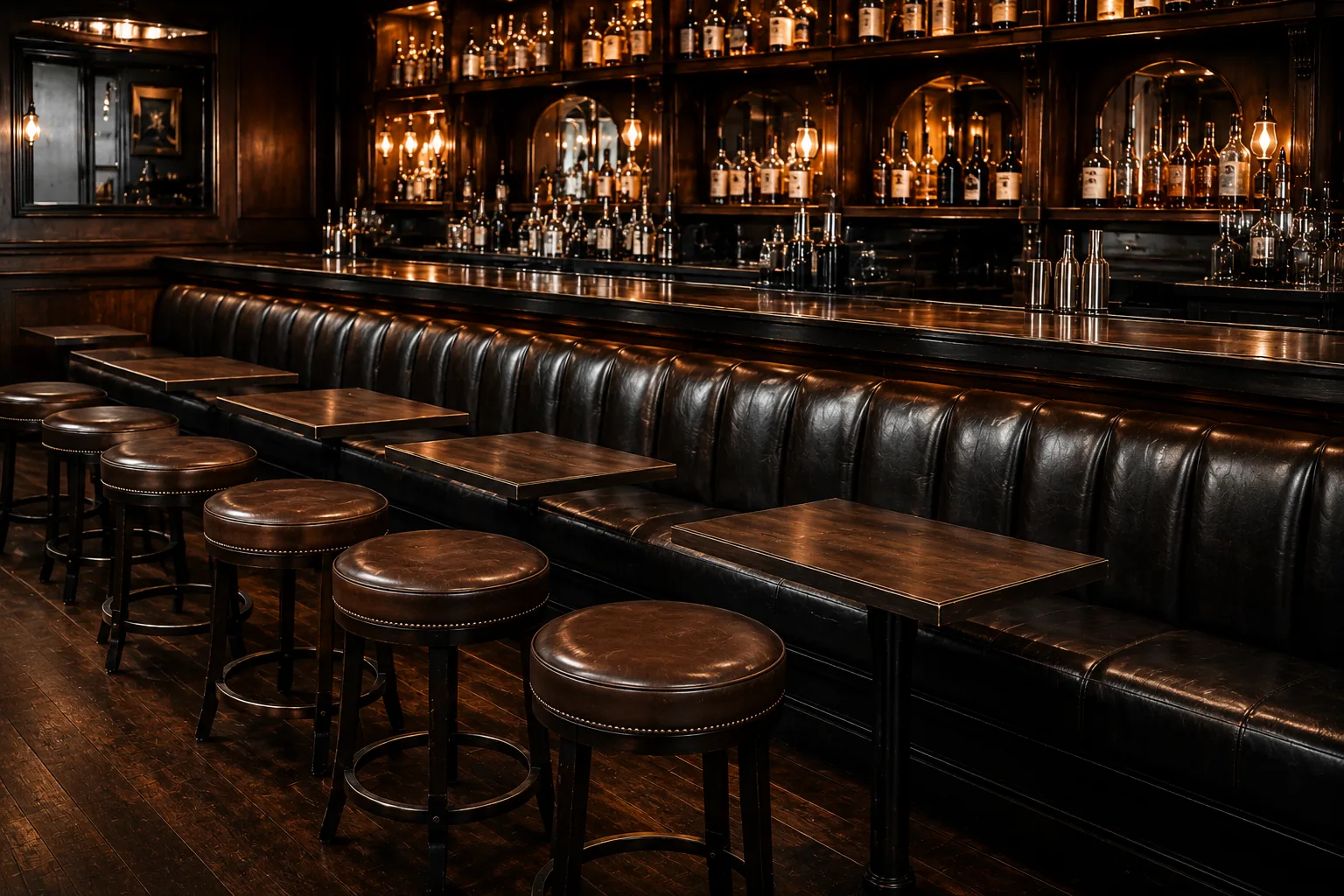 A row of brown leather stools facing a long black leather banquette in a dark whiskey bar