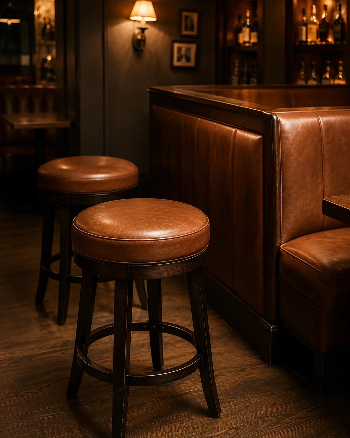 Two tan leather round bar stools recovered beside a matching banquette corner in a dark panelled bar