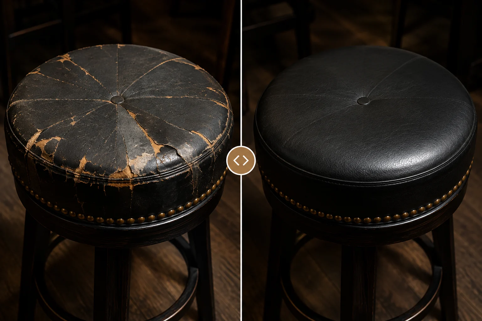 A round bar stool pad seat shown split down the middle: the worn top on the left, the same stool recovered in black on the right