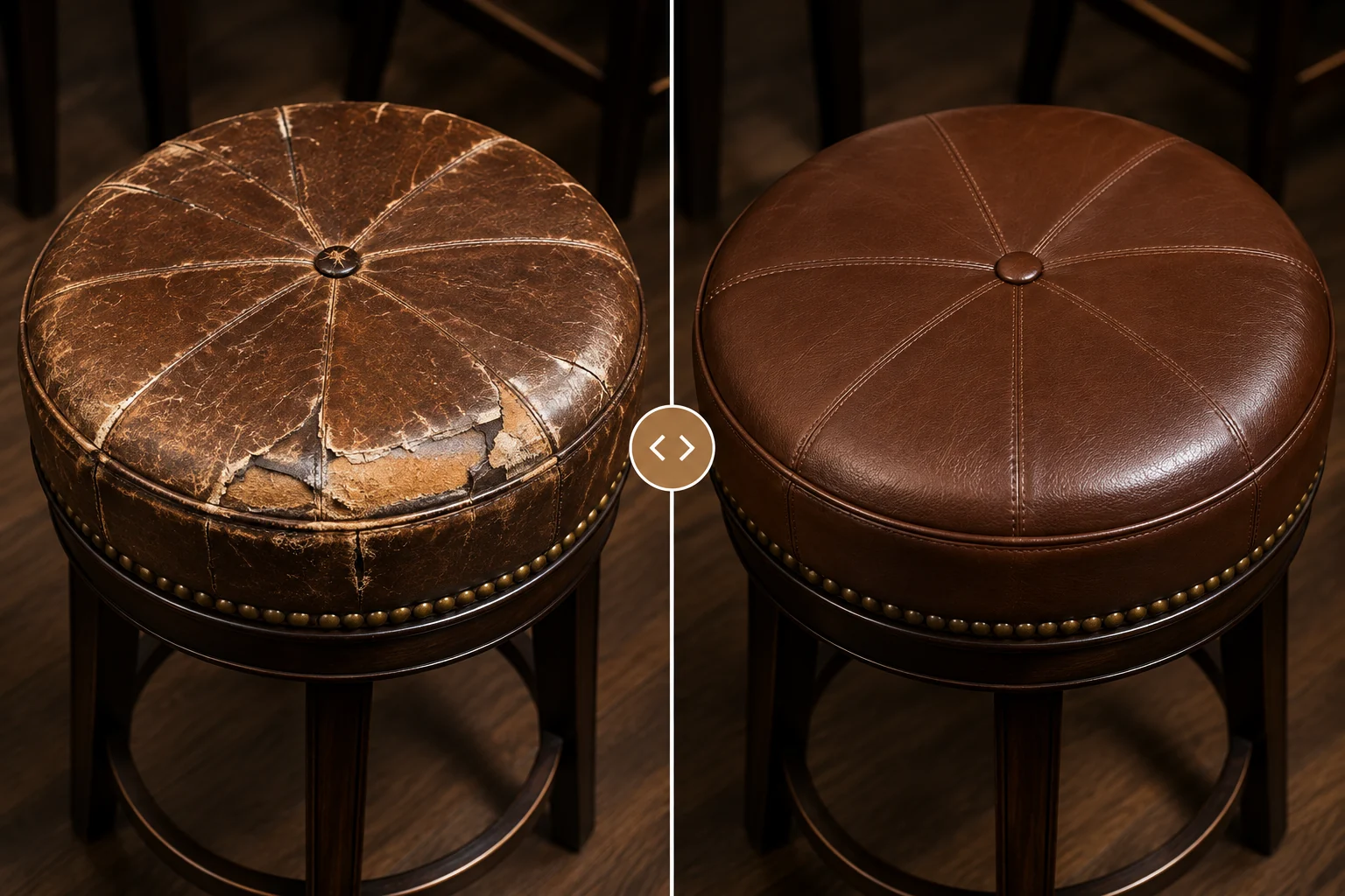 A round bar stool pad seat shown split down the middle: the worn top on the left, the same stool recovered in chestnut on the right