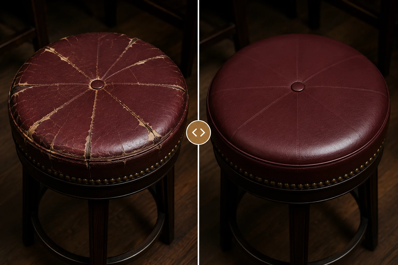 A round bar stool pad seat shown split down the middle: the worn top on the left, the same stool recovered in burgundy on the right