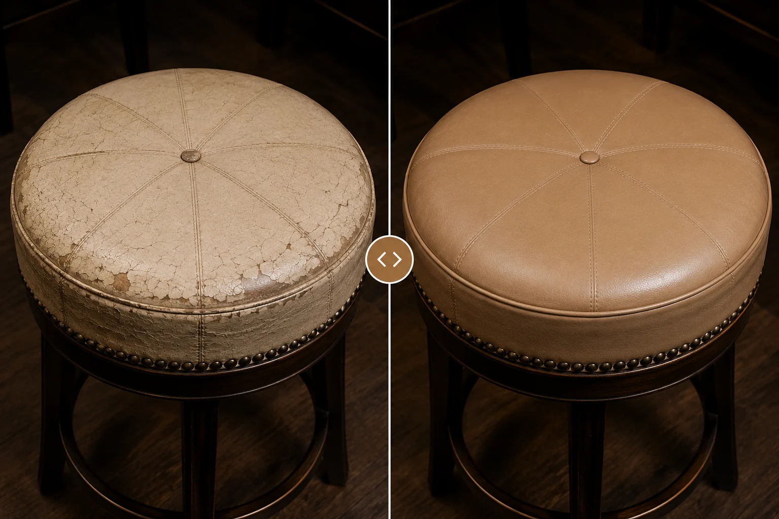 A round bar stool pad seat shown split down the middle: the worn top on the left, the same stool recovered in camel on the right