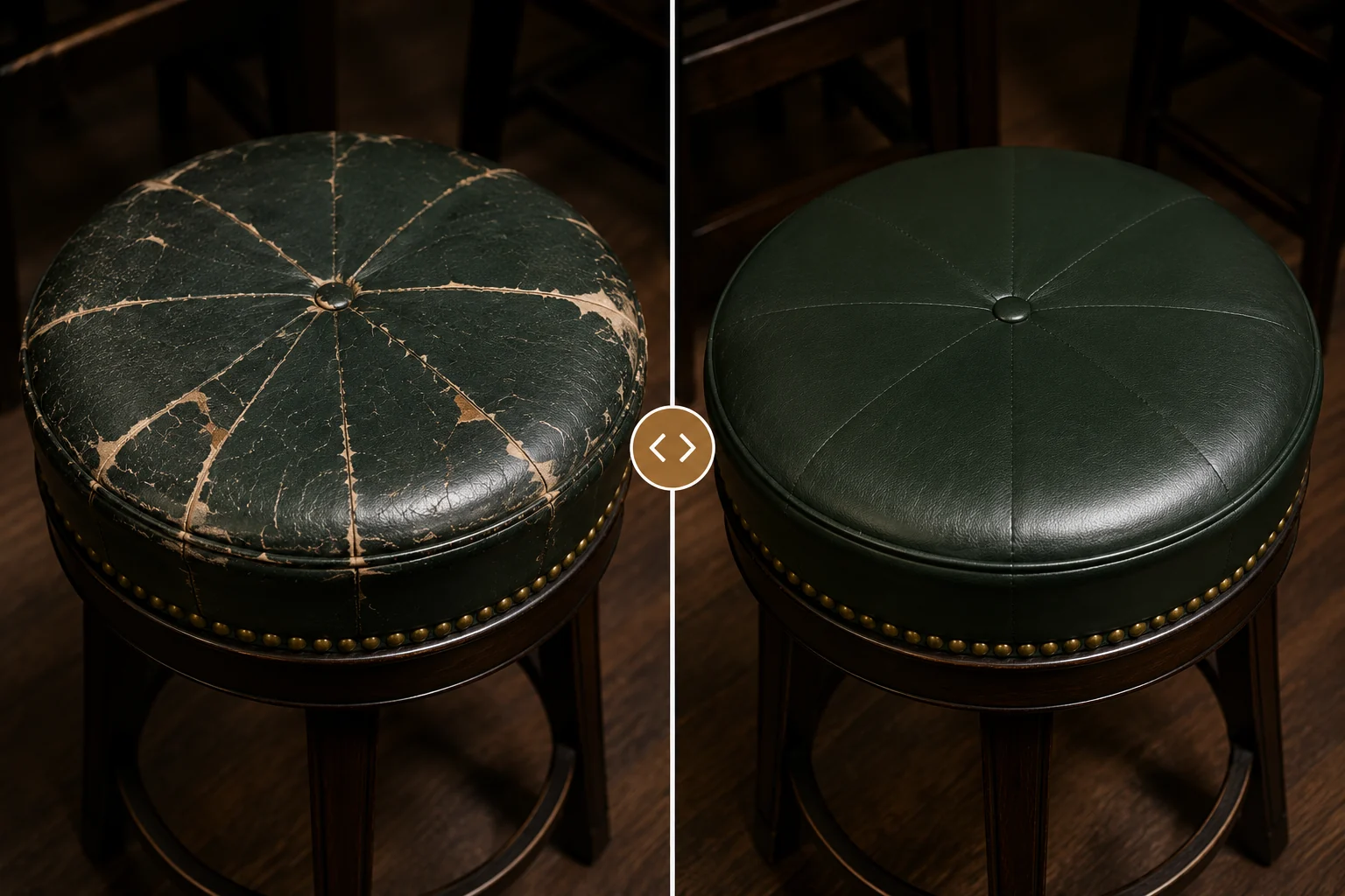 A round bar stool pad seat shown split down the middle: the worn top on the left, the same stool recovered in green on the right