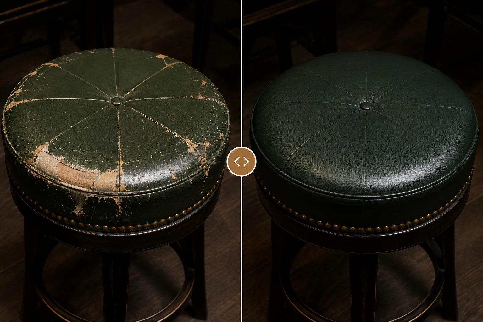 A round bar stool pad seat shown split down the middle: the worn top on the left, the same stool recovered in green on the right