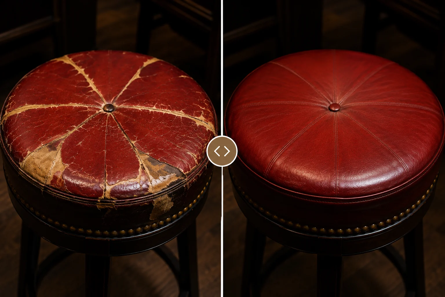 A round bar stool pad seat shown split down the middle: the worn top on the left, the same stool recovered in red on the right